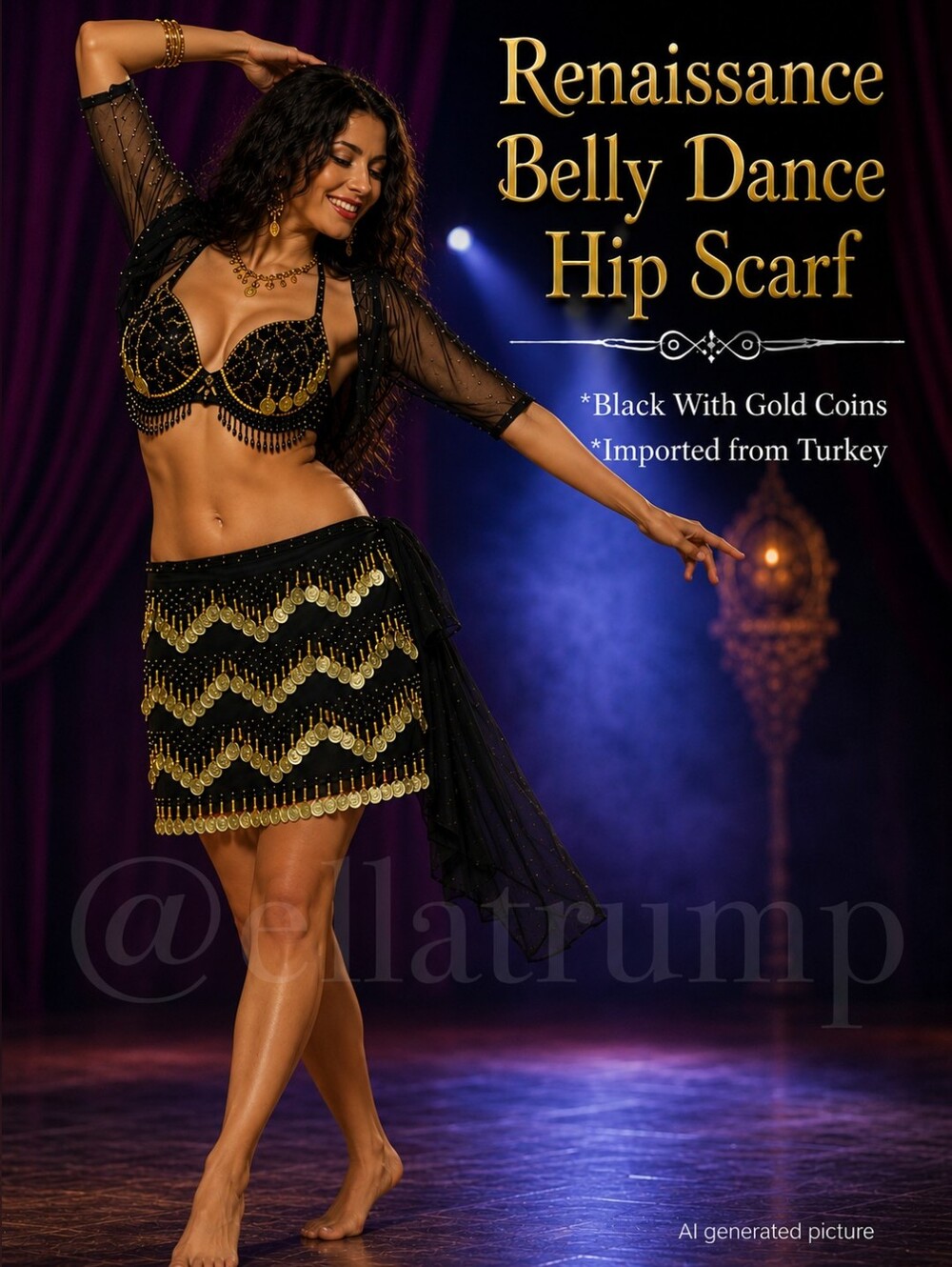 Renaissance Belly Dance Hip Scarf Black With Gold Coins ~New~ Firm Price